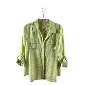 Charter Club Luxury Linen Lime Green Medallion Tile Print Button Up Blouse XL